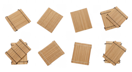 Diverse Set of Eco-friendly Bamboo Mats for Elegant Sushi Preparation and Presentation in Unique Arrangements, isolated on a transparent background