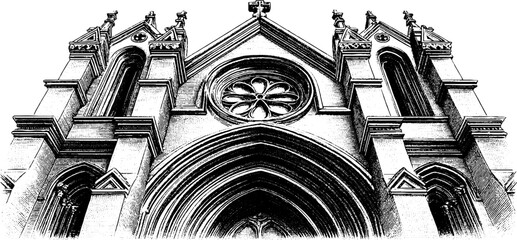 Gothic cathedral facade with pointed arches and rose window sketch - architectural heritage design