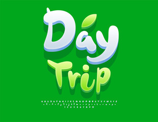 Vector Travel flyer Day Trip. Joyful White Font. Decorative 3D Alphabet Letters, Numbers and Symbols set.