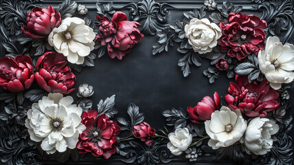 Stock photography style close-up of a luxurious wall art panel showcasing intricate floral patterns with blooming peonies and tulips against a dramatic dark background