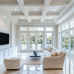 Fototapeta premium modern living room featuring white sofa, elegant coffered ceiling, and large windows that allow natural light to fill space. minimalist design creates bright and airy