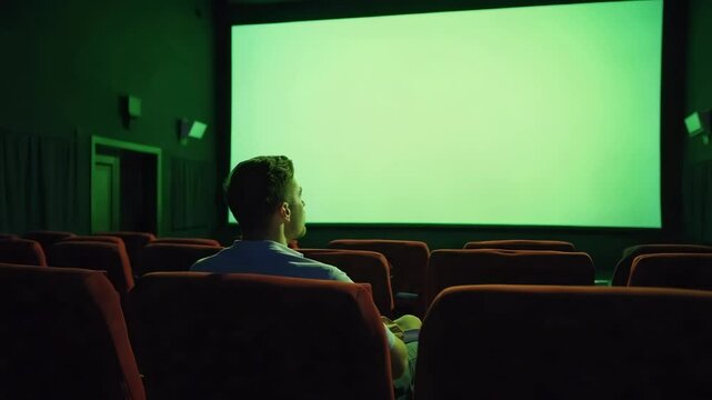 A young Caucasian man sits in a movie theater, facing a large green screen. The theater has red seats and dim lighting, emphasizing the empty screen.