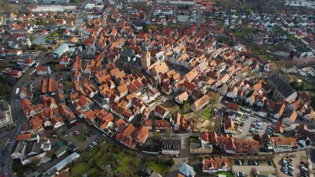 Aerial view of the downtown of the city Alsfeld, 36304  in Germany on a cloudy afternoon in autumn	