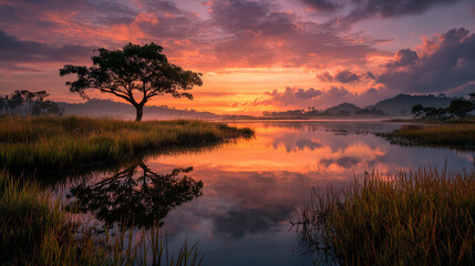 Fototapeta premium A solitary tree stands by a still lake reflecting a vibrant sunset with cloudy skies above the horizon
