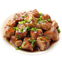 Delicious Tender Pork Belly with Scallions in Savory Sauce on White Plate on transparent background