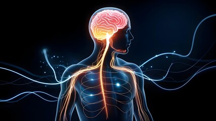 Stylized Glowing Nervous System in Human Silhouette – Minimal Design with Ethereal Energy on Dark Background