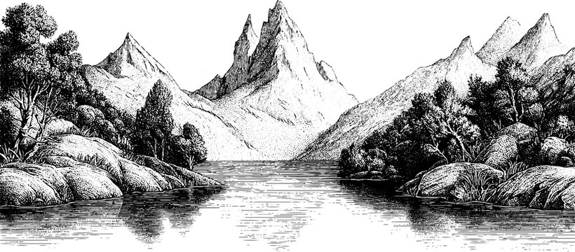 Tranquil mountain lake with pagoda reflection and distant peaks - vintage engraved landscape
