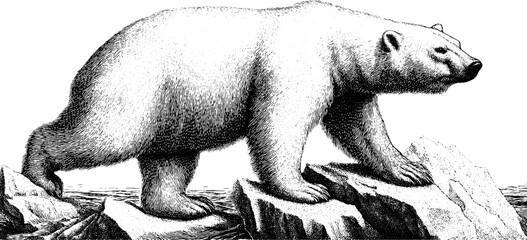 Vintage polar bear silhouette walking across broken ice engraving for retro design