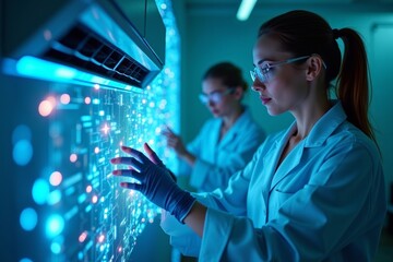 Technicians Utilizing Advanced AI Technology to Service a Futuristic Holographic Air Conditioning System.