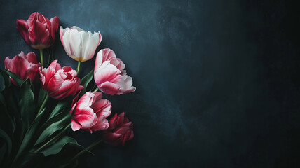 Wallpaper-style floral artwork with realistic botanical rendering of tulips and peonies, lush textures, dark atmospheric background