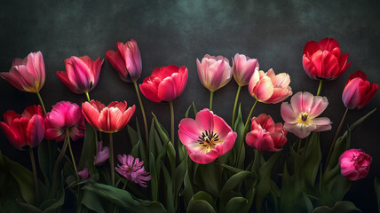 Wallpaper-style floral artwork with realistic botanical rendering of tulips and peonies, lush textures, dark atmospheric background