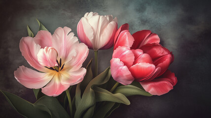 Wallpaper-style floral artwork with realistic botanical rendering of tulips and peonies, lush textures, dark atmospheric background