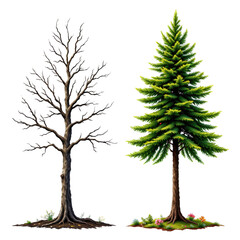 Obraz premium Illustrated contrast between a barren tree and a lush evergreen tree showing seasonal transformation in nature