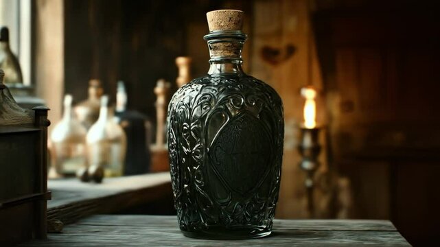 Ornate elixir bottle in a rustic apothecary setting