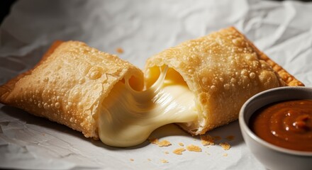 Golden crispy cheese-filled pastry oozing melted cheese, served with a side of rich dipping sauce on parchment paper.