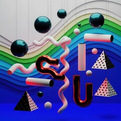 Abstract geometric shapes and spheres suspended against a colorful layered background
