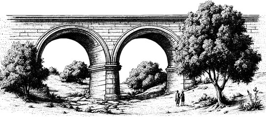 Vintage scene of a roman couple walking near a vineyard beneath a stone arch