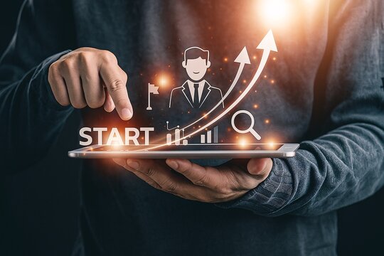 Startup business launch with digital tablet and glowing icons showing growth, success, and development strategy in a virtual interface