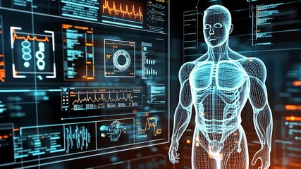 Futuristic medical interface with human anatomy overlay - Powered by Adobe