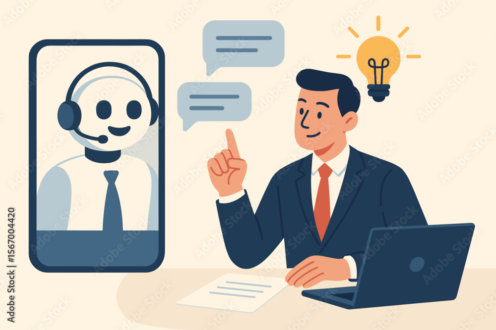 Poster ai chatbot consulting a businessman. virtual assistant provides smart solution for business task. ma