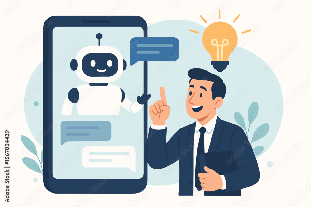 Poster businessman chatting with ai chatbot on smartphone. man gets innovative idea and solution for busine