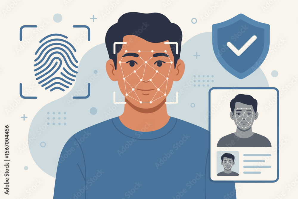 Aufkleber biometric technology for security identification. facial recognition scan on human face and fingerpr