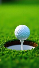Golf Ball in Hole  A Perfect Putt on a Lush Green Putting Surface. Successful Golf Shot, Vibrant Green Grass, Winning Moment, Outdoor Sport, Competition.