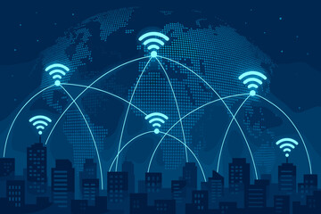 Global telecommunication network connection concept. Wireless communication, cyber technology, and internet modernization. Smart city with 5G connectivity and data transmission over a world map.