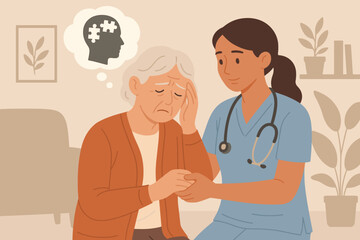 Alzheimer's and Parkinson's disease concept. Elderly woman with dementia and memory loss receiving support from a nurse or caregiver. Senior home care for neurological disorders.