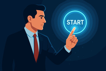 Businessman pressing start button. Business concept. Future technology. Project launch. New beginning. Career opportunity. Digital innovation. Man hand push glowing interface. Vector.