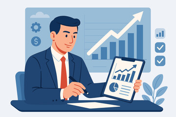 Businessman analyzing financial data for investment. Manager with report on tablet showing profit growth chart. Corporate strategy success. Business analytics and statistics concept.