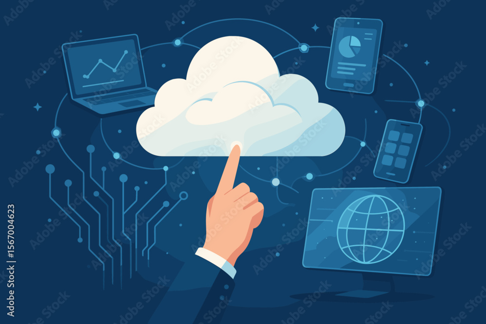 Aufkleber cloud computing technology concept. hand pointing at data storage server. network connection. inform
