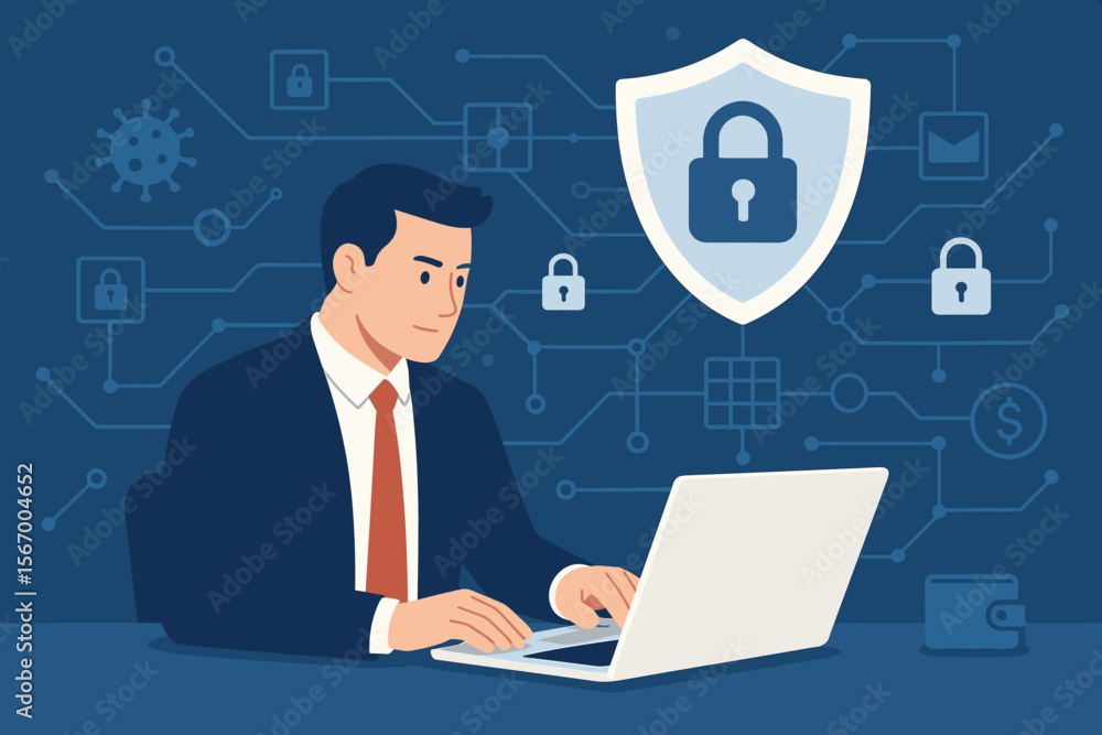 Aufkleber cybersecurity concept. businessman with laptop protects network from cyber attacks. blockchain techn