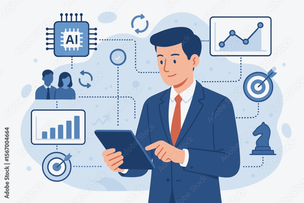 Poster businessman using a digital tablet for business network connection and data analysis. concept of ai 