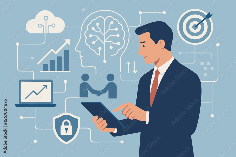 Poster businessman managing business network connection and data analysis with ai on a tablet. digital tech