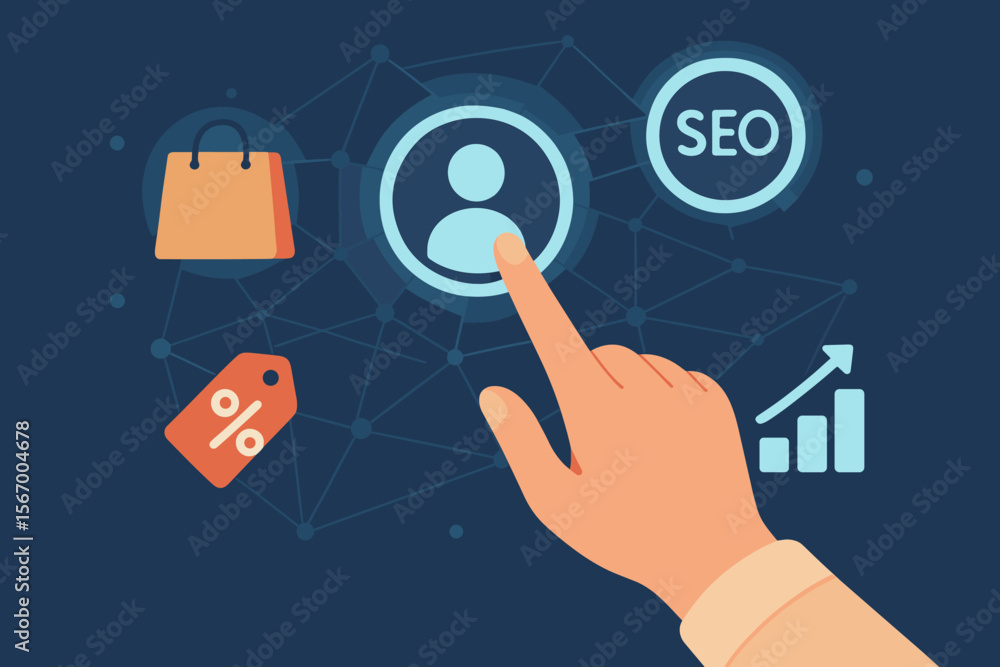 Aufkleber digital online marketing and e-commerce concept. hand touching a customer icon. search engine optimi