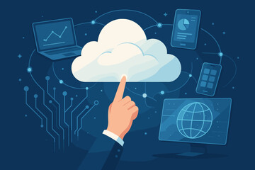 Cloud computing technology concept. Hand pointing at data storage server. Network connection. Information sharing. Laptop, phone, tablet devices. IT business infrastructure vector.