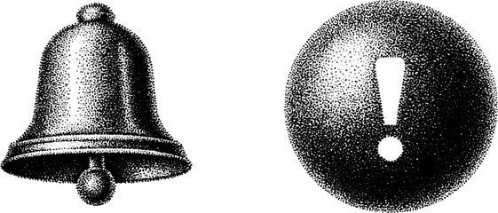 Vintage alarm bell and exclamation mark engraving for alert and caution theme designs