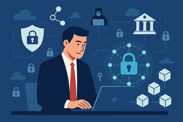 Cyber security concept. Businessman with laptop protecting network from cyber attacks. Blockchain technology and financial data privacy. Encryption and secure banking metaphor illustration.
