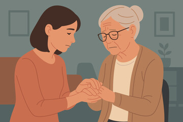 Daughter holding hands, supporting elderly mother with Alzheimer's disease. Concept for dementia, memory loss, Parkinson's. Family care, love, support for a senior parent. Sad.