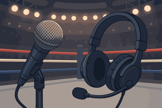 Announcer or commentator equipment with microphone and headset in the middle of a boxing ring. Concept for live broadcast, sports journalism, podcast, interview, or fight night.