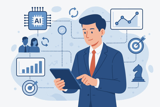 Businessman using a digital tablet for business network connection and data analysis. Concept of AI technology, teamwork, data exchange, investment analysis, security, and strategy.