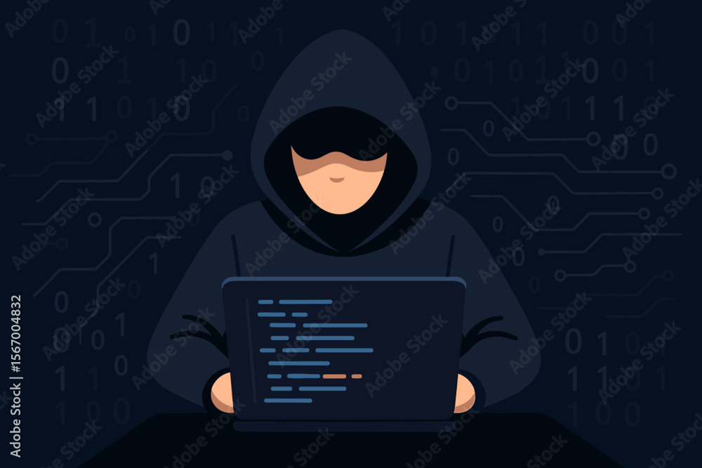 Poster hacker in hoodie at laptop, cybercrime, coding, dark digital binary background, cybersecurity threat