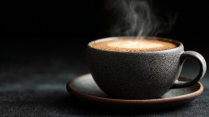 Fototapeta premium A steaming cup of coffee with frothy foam sits on a saucer against a dark background in a studio shot