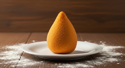 Delicious golden fried coxinha savory chicken snack on white plate with flour dusting rustic wooden background