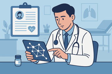 Doctor Using Digital Tablet for Medical Data Analysis in Hospital Office. Modern Healthcare Technology, Patient Report, Network Connection, Stethoscope, Medicine Bottle, Flat Vector Illustration