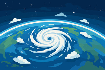 Swirling Cyclone Over Earth From Space, Atmospheric Storm System, Blue Planet, Satellite View, Night Sky, Vector Illustration, Weather Disaster, Global Climate, Clouds, Outer Space, Environment