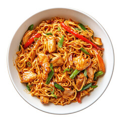 Delicious Chicken Noodles with Vegetables in a Flavorful Sauce, Perfect for a Quick Meal or Dinner Gathering on transparent background