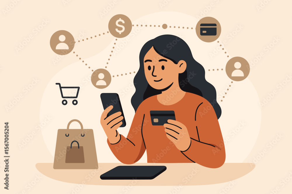Poster woman using mobile payments for online shopping with smartphone and credit card. e-commerce and m-ba