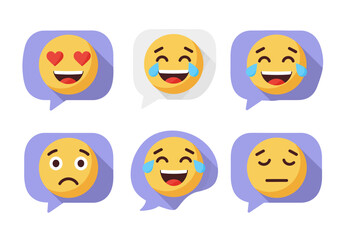 Various Yellow Emoji Faces Expressing Different Emotions in Speech Bubbles.